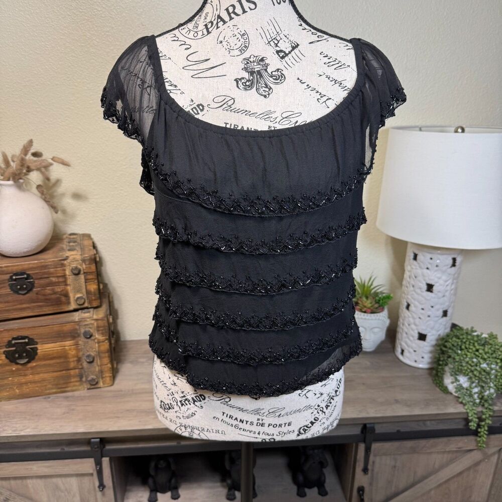 Vintage Cache 100% Silk Beaded Ruffle Flutter Sleeve Blouse Size 10 Y2k Fairy